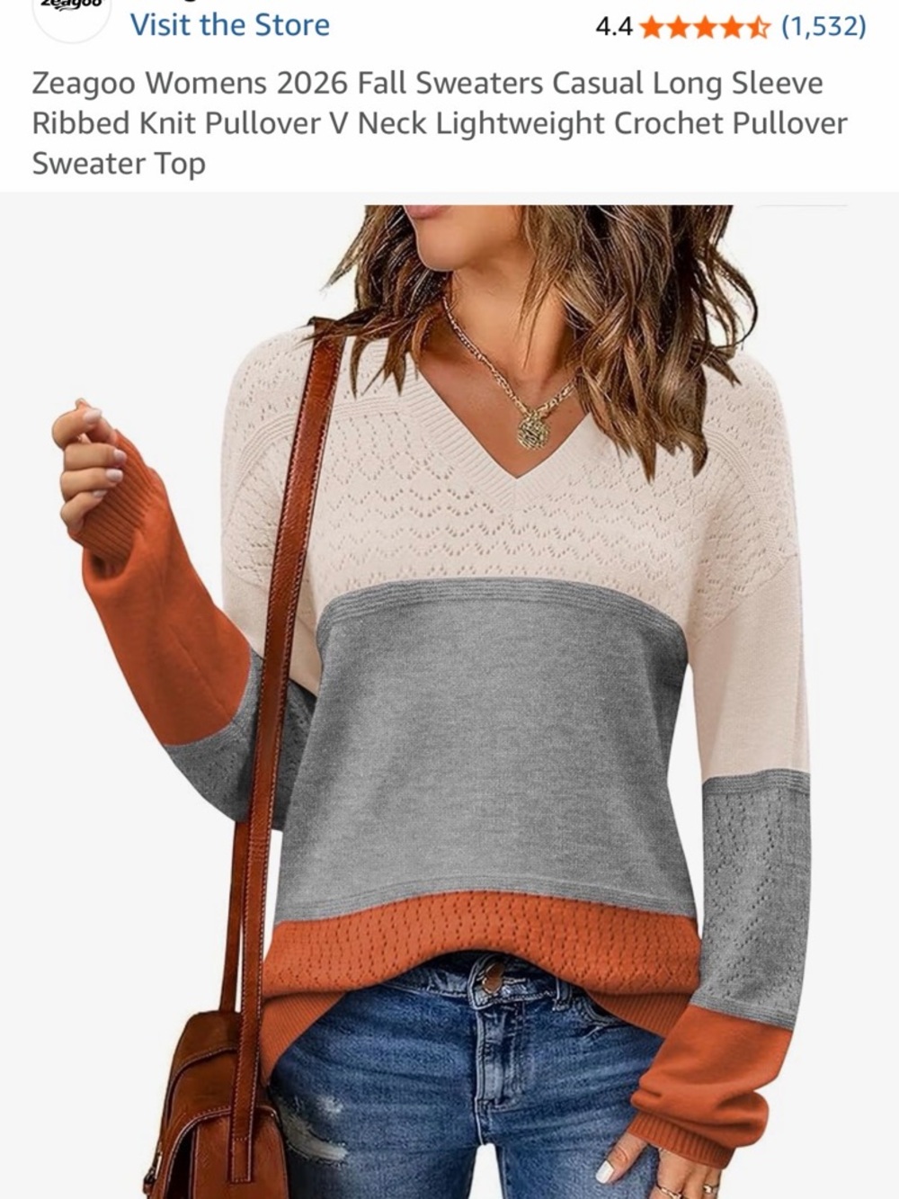 zeagoo Colorblock V-Neck Sweater in Cream, Gray & Rust Orange